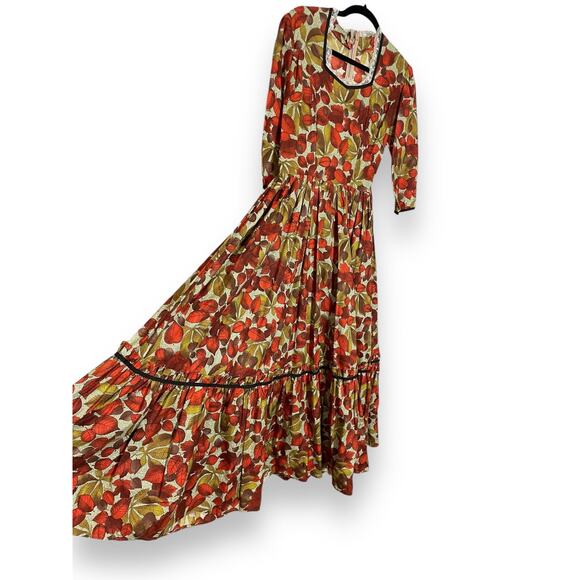 Vintage 60s 70s Handmade Fall Leaves Cotton Full Sweep Dress Prairie Cottagecore - Picture 3 of 4